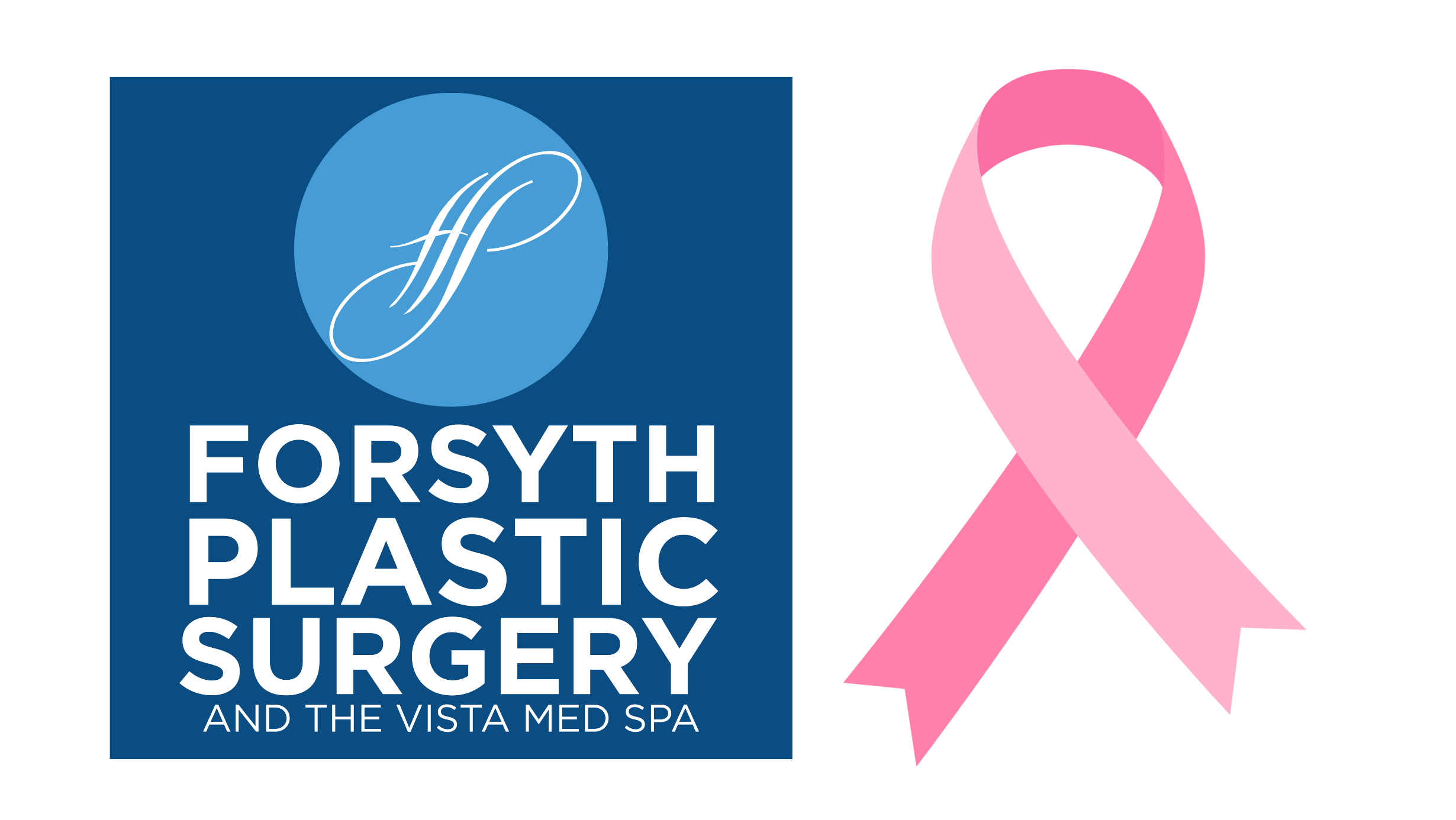 Forsyth Plastic Surgery and The VISTA Med Spa logo in blue with a stylized “FP” emblem on the left, next to a pink breast cancer awareness ribbon on the right